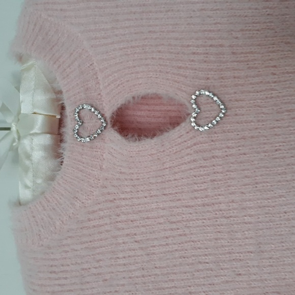 NOBO Pastel Pink Fuzzy Pullover Sweater Soft Cozy NWOT Rhinestones Hearts sz S - Picture 1 of 8